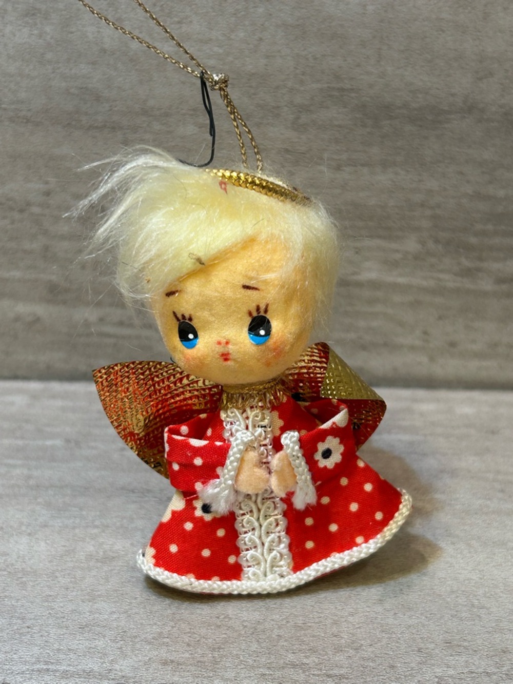 Vintage Japan Felt & Cardboard Adorable Angel in Polka Dots Ornament 3.6" Tall